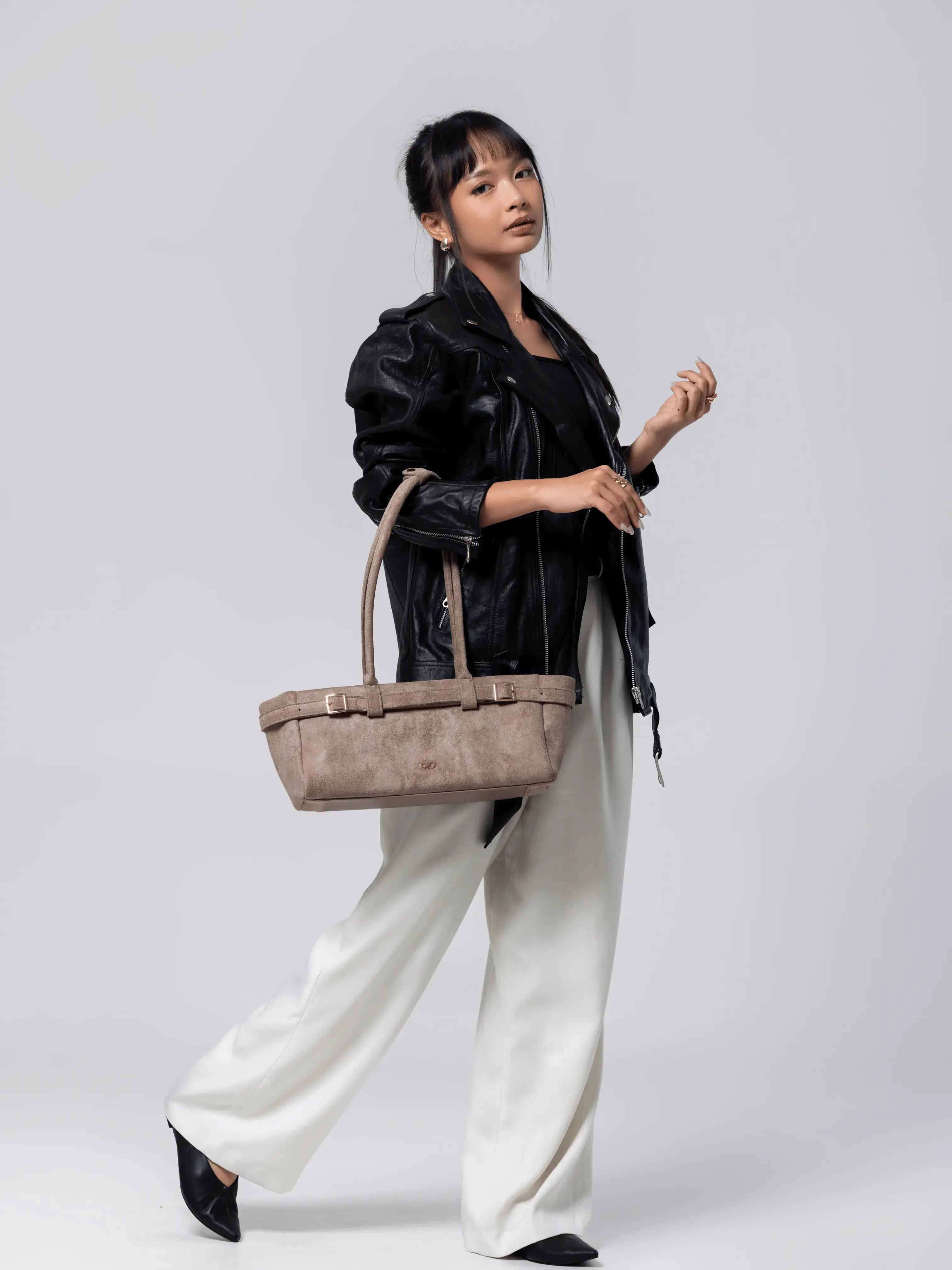 VALENTINA SUEDE BAGUETTE BAG IN DUNE TSL Singapore