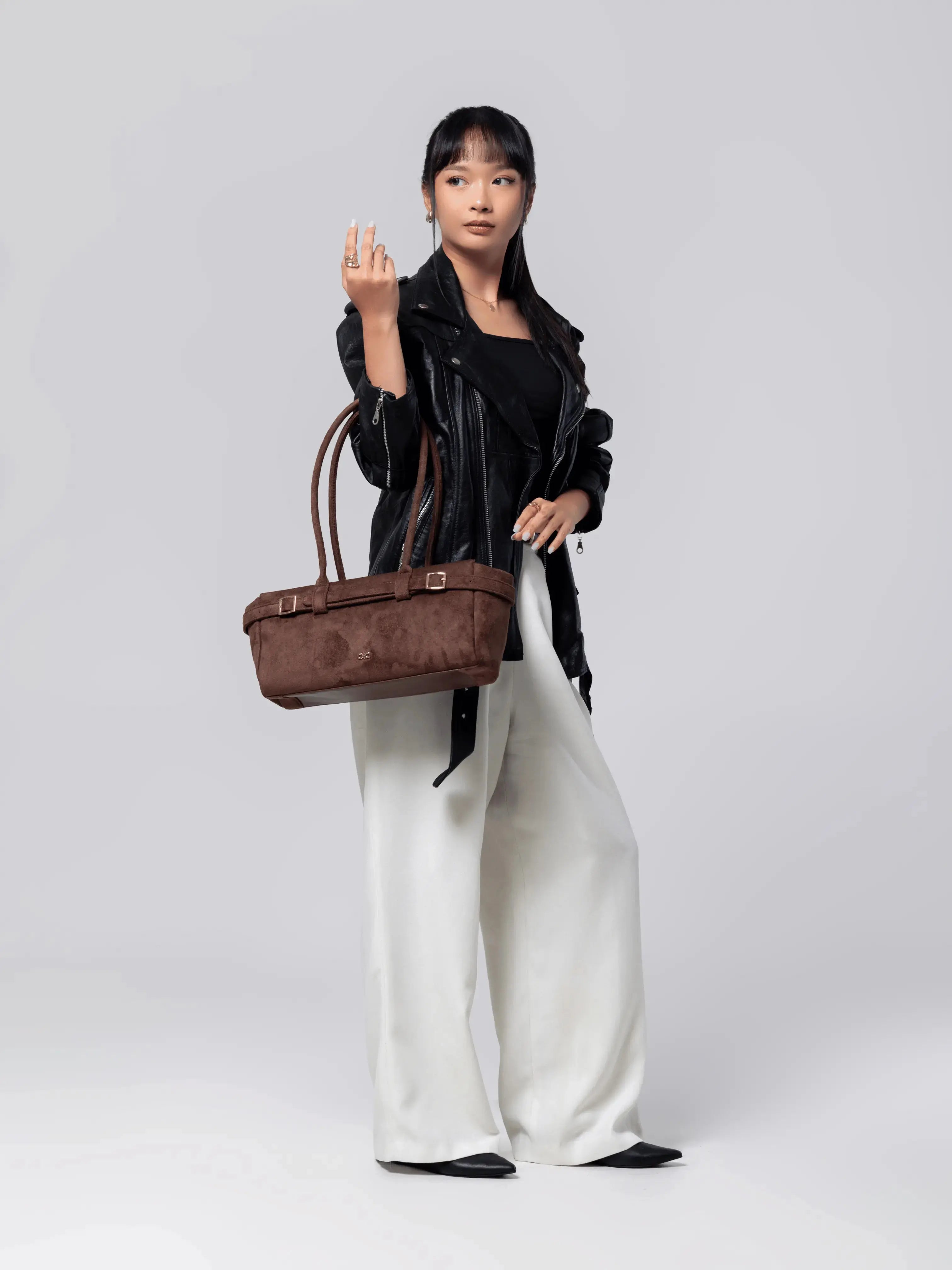 VALENTINA SUEDE BAGUETTE BAG IN ESPRESSO TSL Singapore