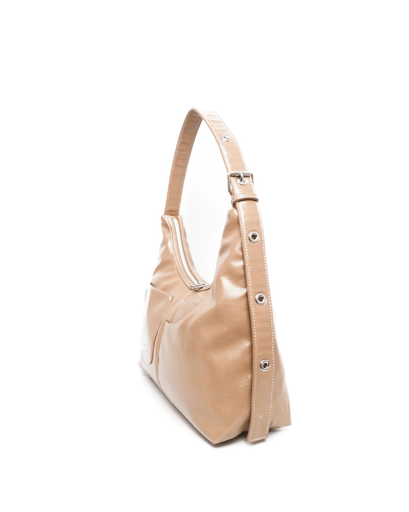 SIGNATURE POCKET LEATHER HOBO BAG IN MILK TEA TSL Singapore