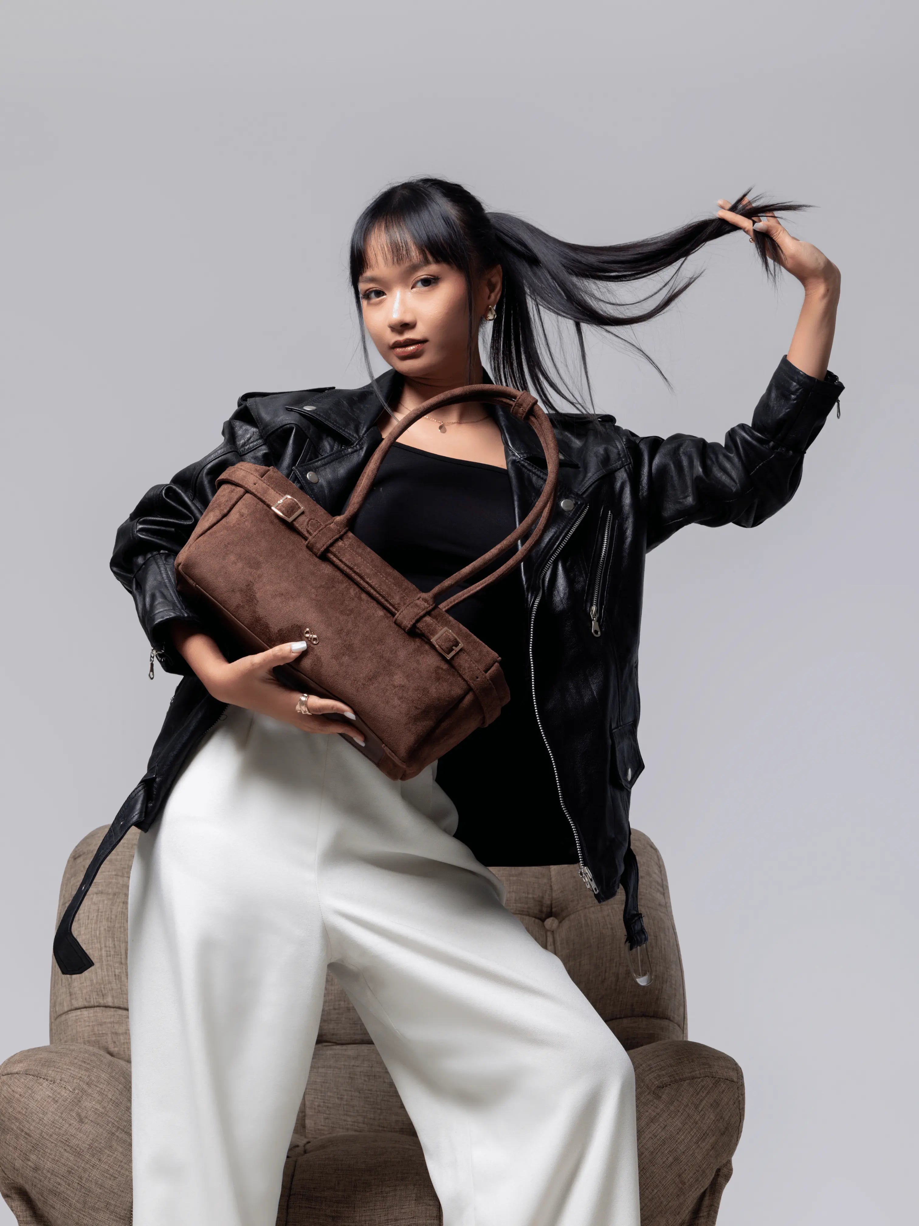 VALENTINA SUEDE BAGUETTE BAG IN ESPRESSO TSL Singapore