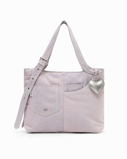 SIGNATURE POCKET DENIM TOTE BAG IN PURPLE DENIM