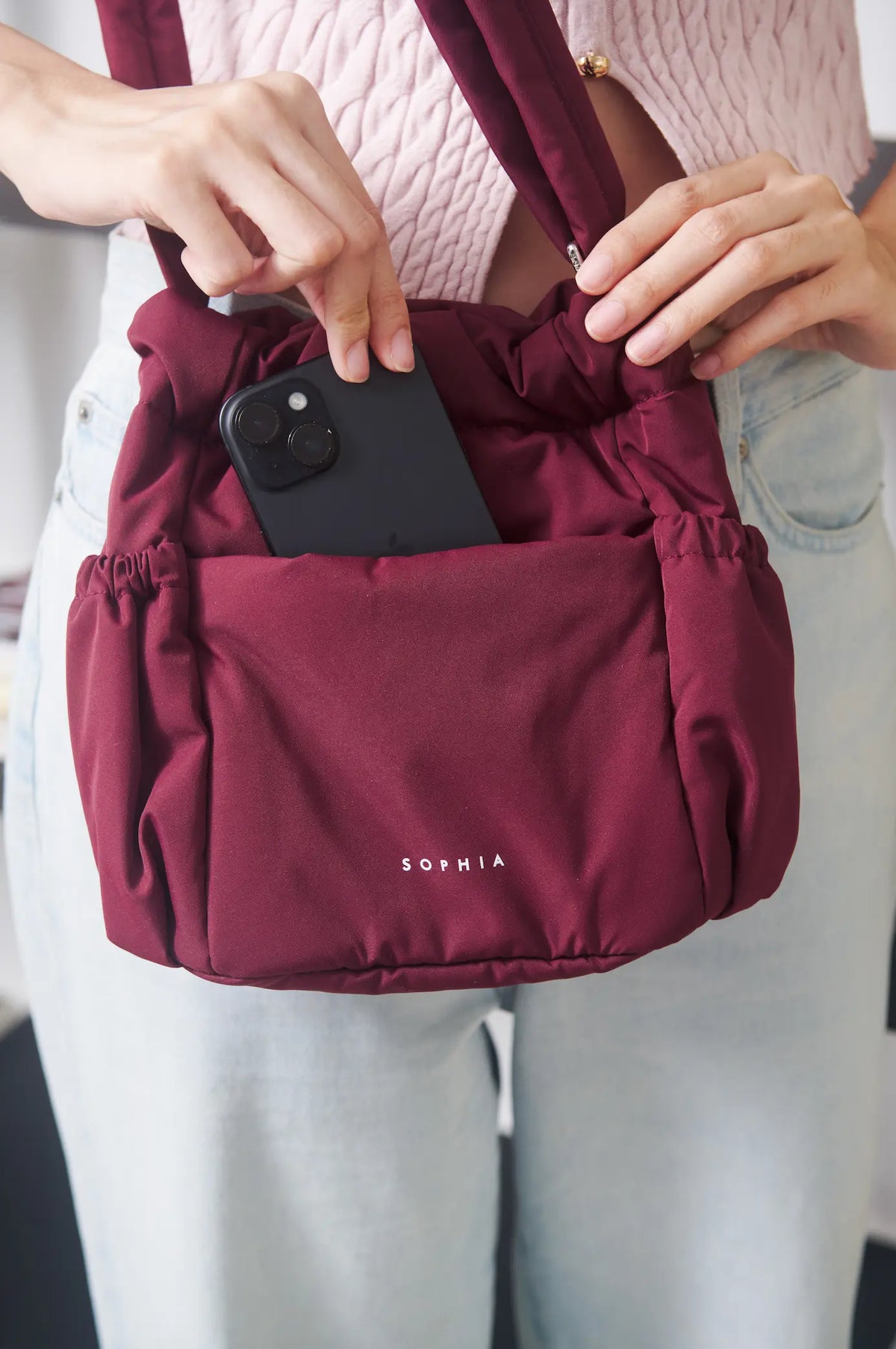 MINI COSY LUXE BUCKET BAG IN WINE 