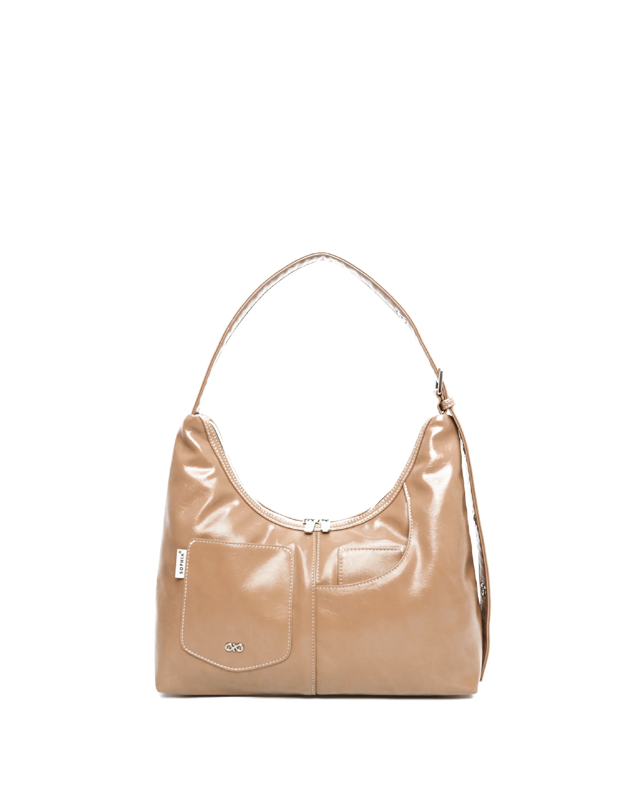 SIGNATURE POCKET LEATHER HOBO BAG IN MILK TEA TSL Singapore